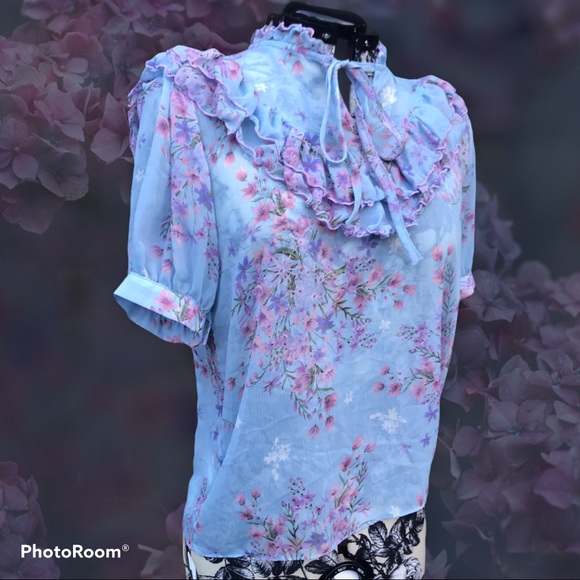 Blue and pink floral ruffled prairie blouse 🌷 - Picture 2 of 3